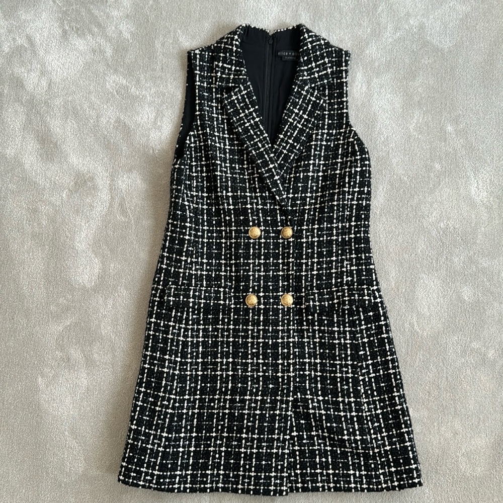 Alice + Olivia Black and White Tweed Sleeveless Double-Breasted Dress